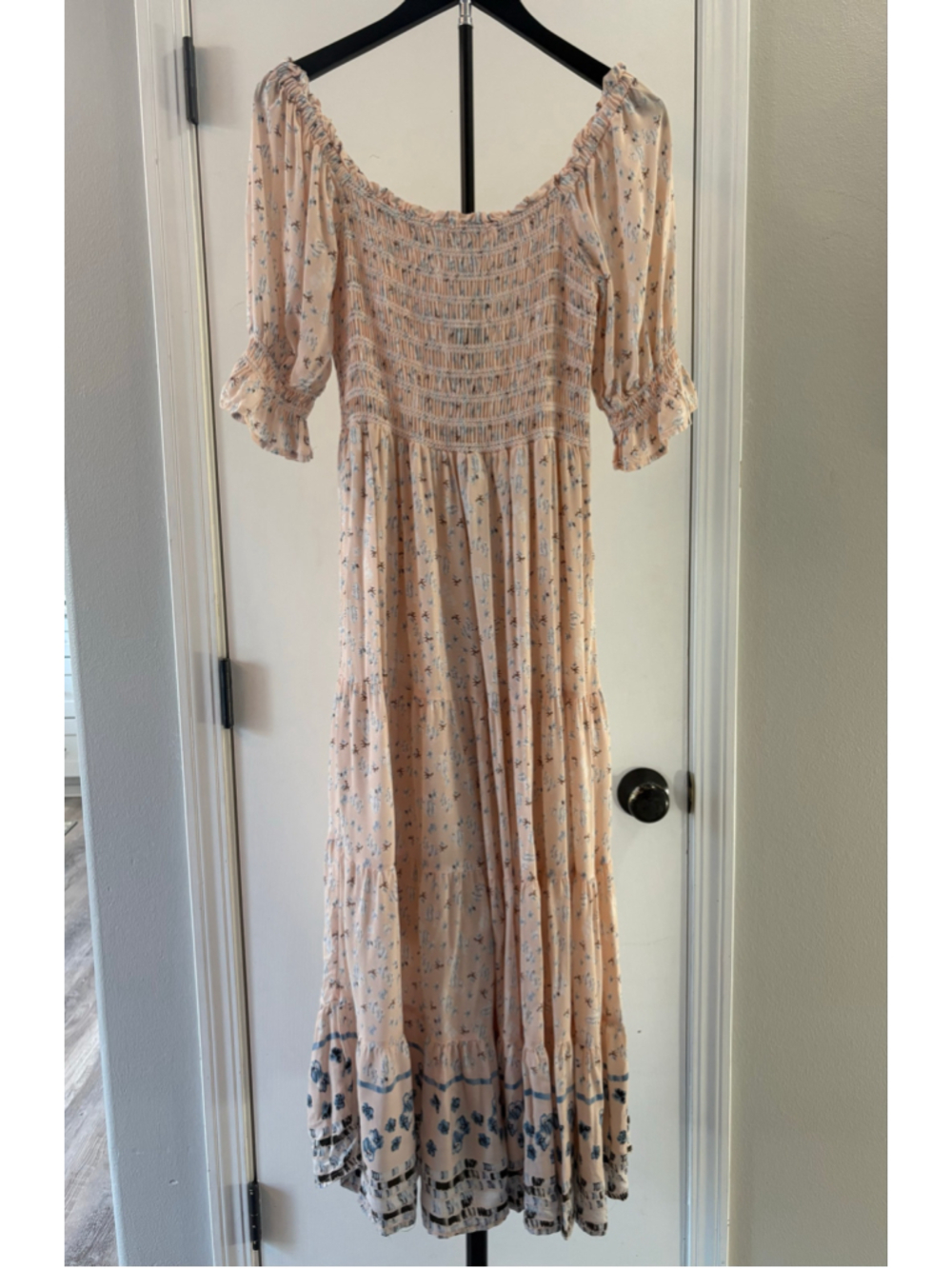 In Loom Boho Smocked Tiered Floral Maxi Dress Pink Blue Cottagecore Small